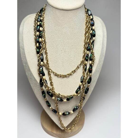 Rare HTF Vintage Crown Trifari 5-Strand Black Confetti Art Glass Beaded Necklace - Picture 6 of 10
